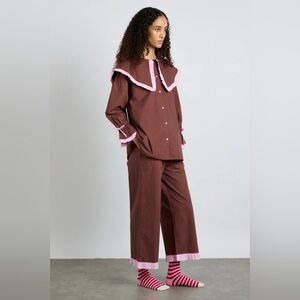 Brown and Pink Two-Piece Women's Pajama Set with Contrast Trim